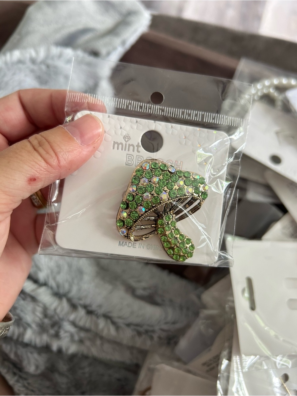 4/$50 Mint Green Crystal Mushroom Brooch Pin